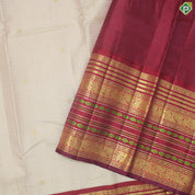 White Beige Gold Zari Lines And Small Motif With Maroon Peacock Ruthracham Design Border Traditional Silk Saree