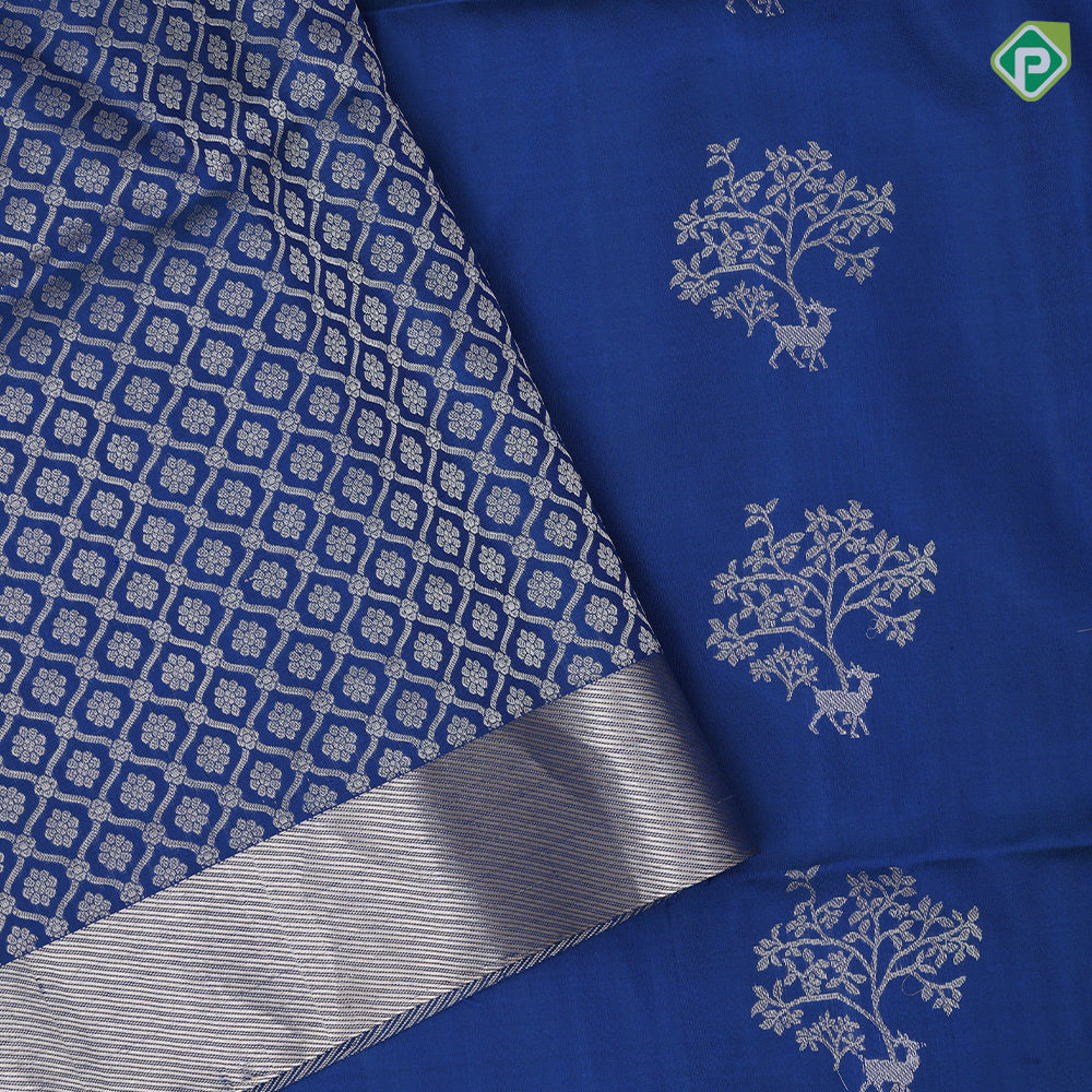 Teal blue silver zari deer plants fancy design self silver zari border soft silk saree