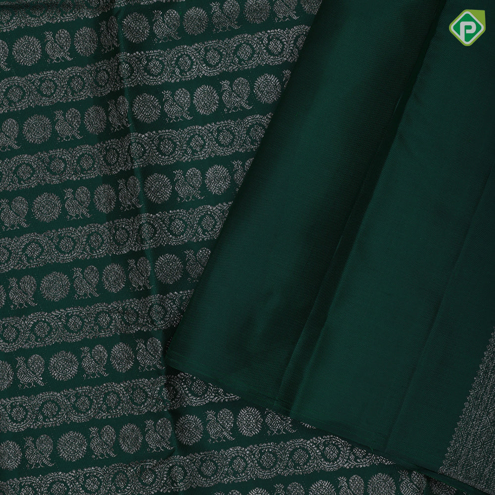 Bottle Green Silver Zari Peacock Chagaram Floral Design Self Colour Weave Border Design Trendy Silk Saree
