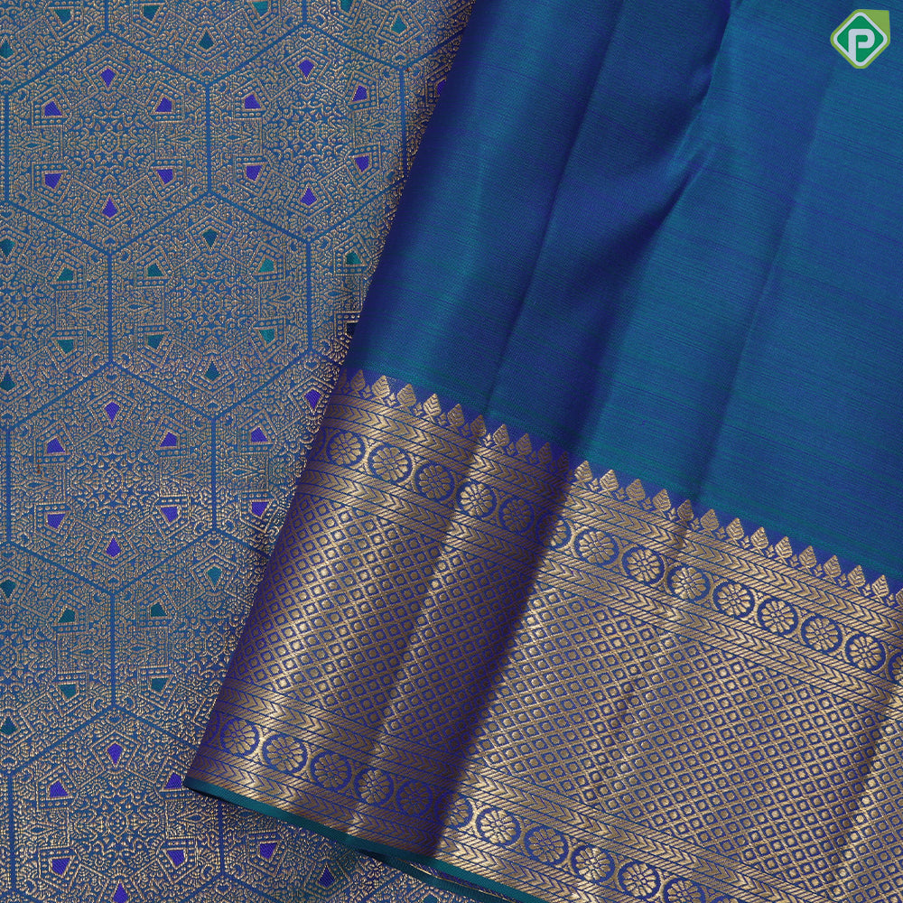Peacock green gold zari meena work self brocade and gold zari diamond bentex border grand bridal silk saree