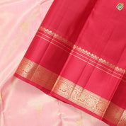 Peach Pink Gold Zari Fancy Flower butta design contrast red rettapet border traditional shimmer saree