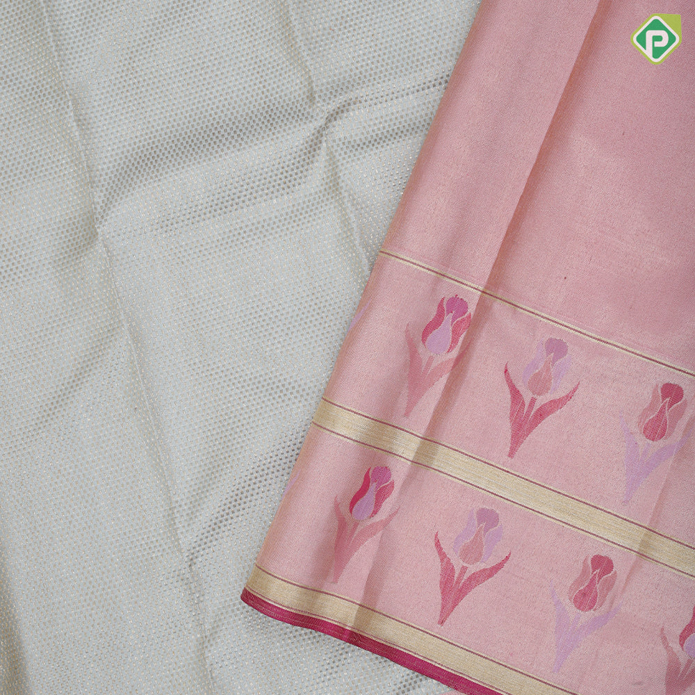 Clacier Gray Gold Zari Brocade Design Baby Pink Rose Flower Border Design Trending Fancy Silk Saree