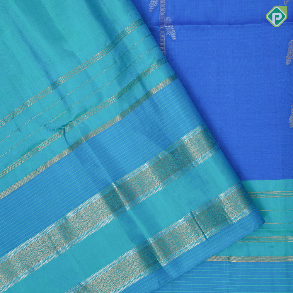 peacock blue silver gold zari bird on ladder design peacock green gold zari lines border soft silk saree