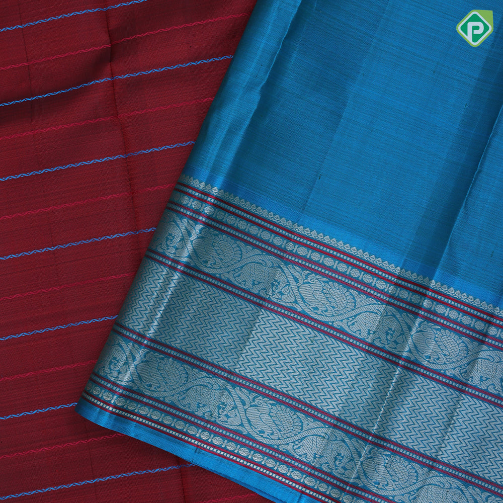 Maroon Zero Zari Veldhari Design Rama Green Peacock Elephant Border Design Traditional Silk Saree