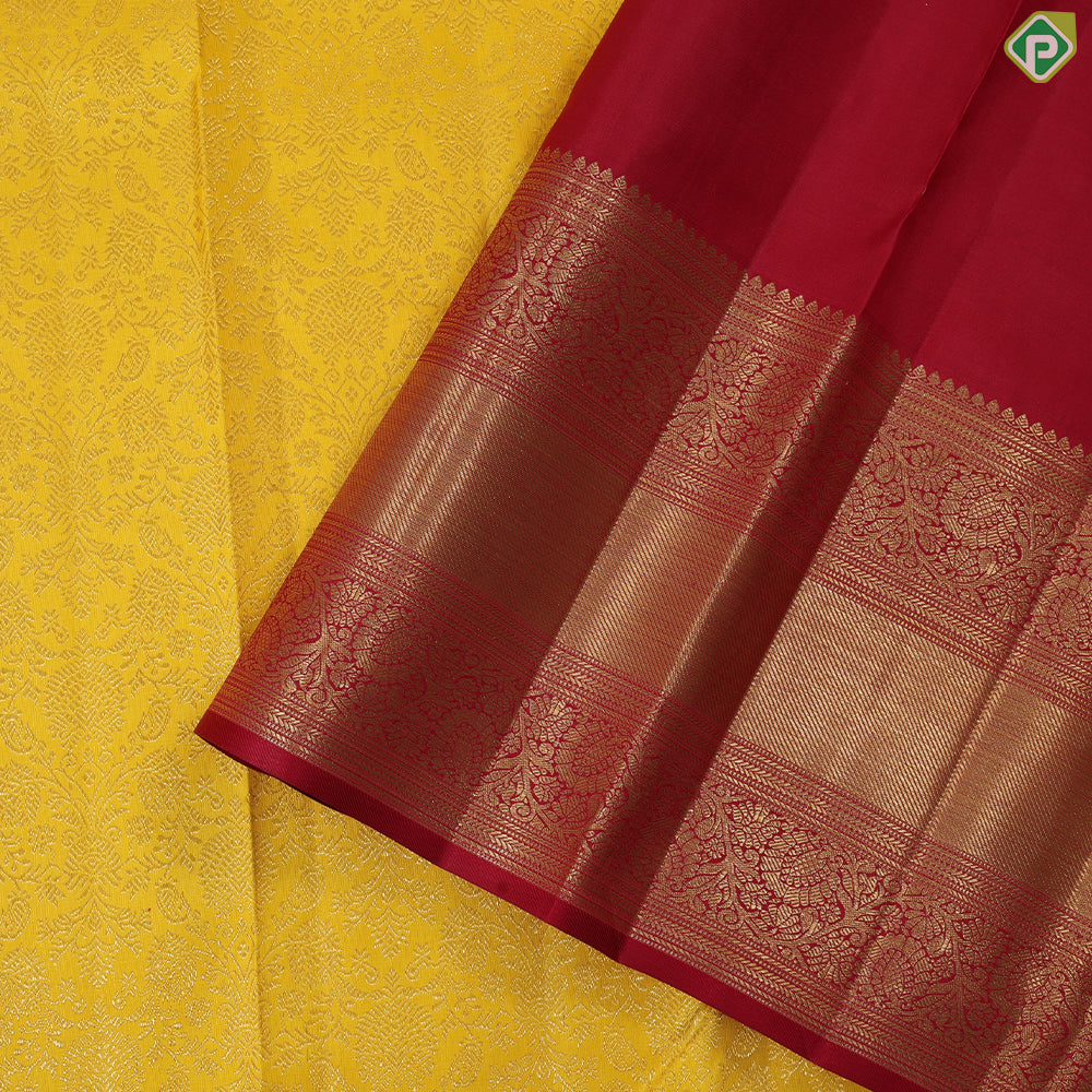 Mango Yellow Grand Contrast Red Border Exclusive Bridal Silk Saree