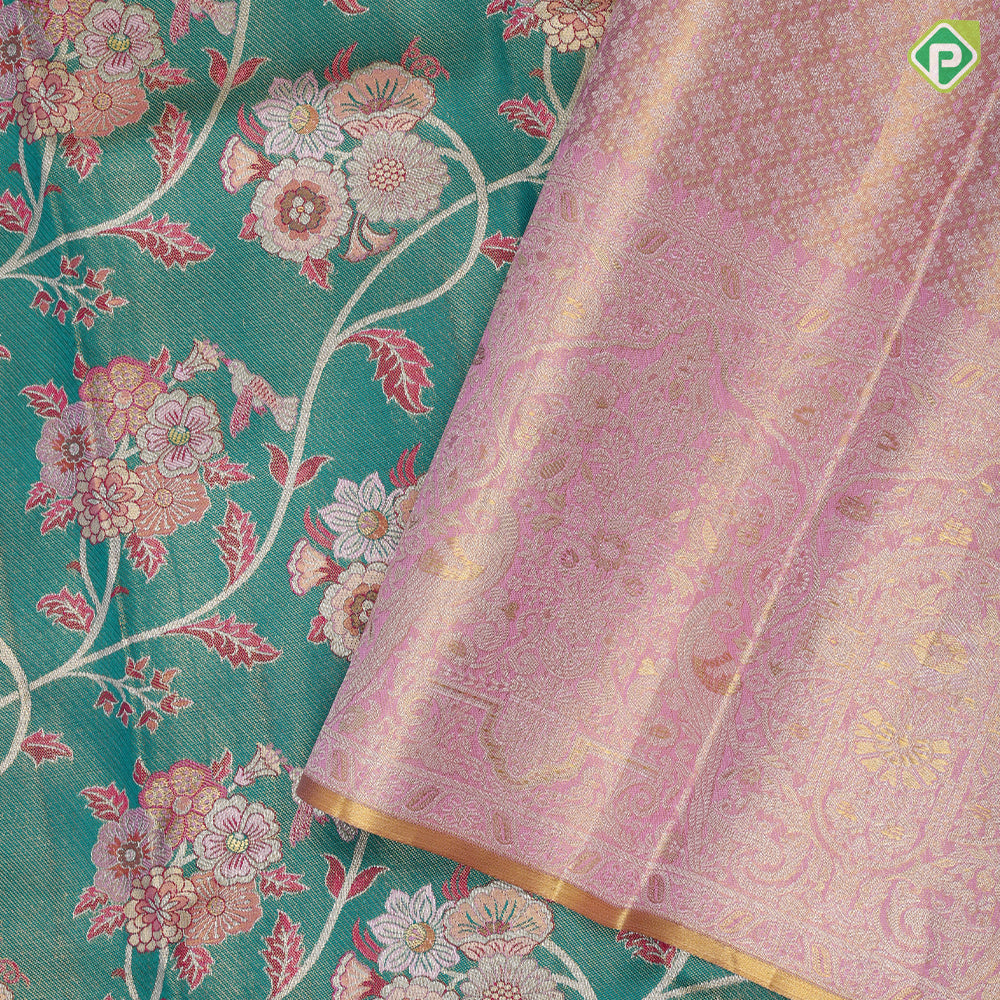 Forest green gold zari floral creeper design baby pink silver gold zari double peacock arch design meena work tissue silk saree