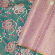 Forest green gold zari floral creeper design baby pink silver gold zari double peacock arch design meena work tissue silk saree