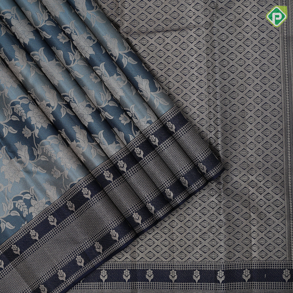 Greyish blue silver gold zari grand floral creeper design admiral blue silver gold zari fancy checks border grand bridal silk saree