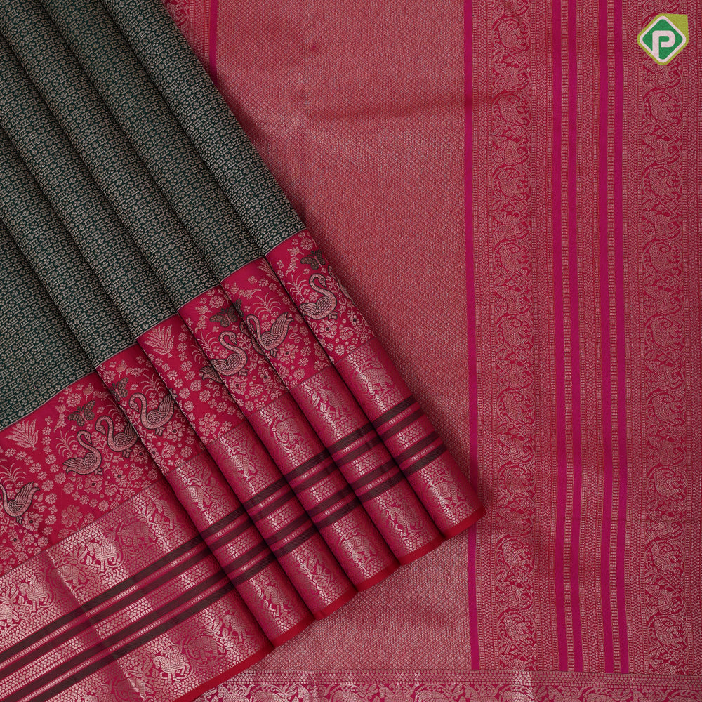 bottle green with copper silver zari self butta design tomato red silver gold zari double annam butta border grand silk saree
