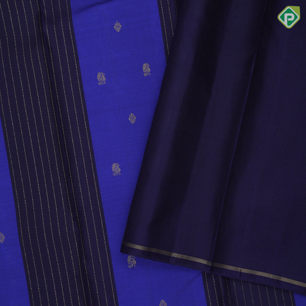 Indigo blue navy blue gold zari butta lines partly design borderless trendy designer silk saree