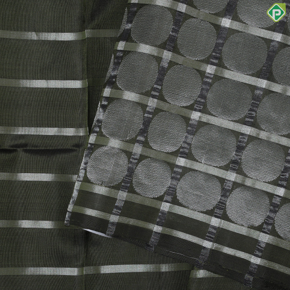 Olive green silver stripes design borderless soft silk saree