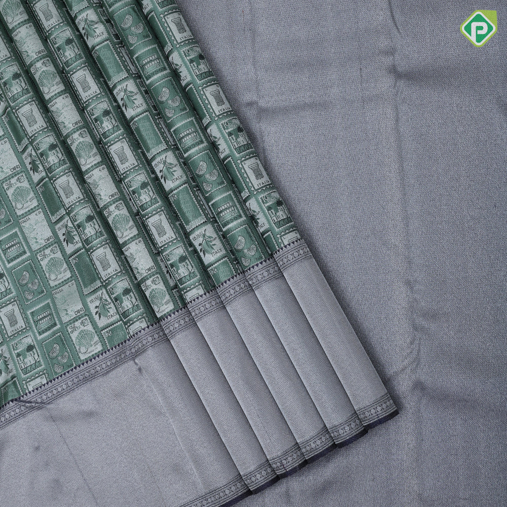 Amazon green post card design self blueish grey plain border contemporary trendy designer silk saree