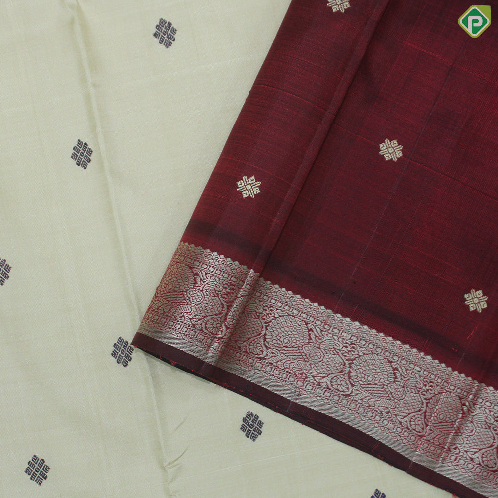 Cream Color Flower Motif With Red Color Peacock Design Border Thread Work Silk Saree