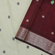 Cream Color Flower Motif With Red Color Peacock Design Border Thread Work Silk Saree