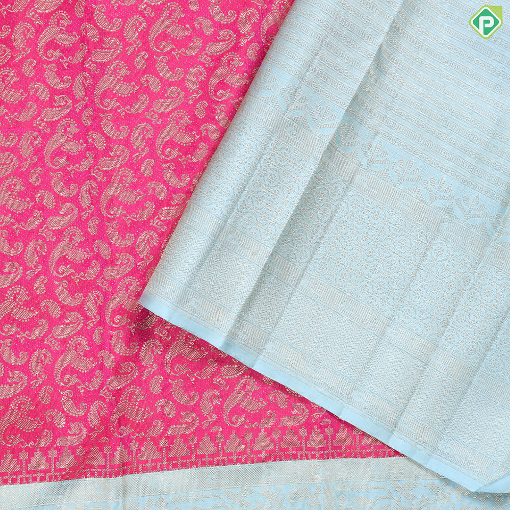 Tomato Pink With Gold Zari And Cardamom Green Border Exclusive Grand Bridal Silk Saree