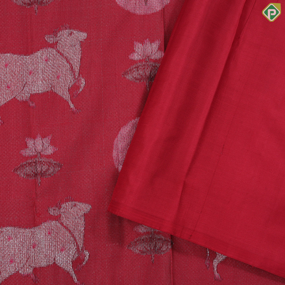 Beetroot red silver zari cow and lotus Pichwai painting Inspired rare signature edition silk saree