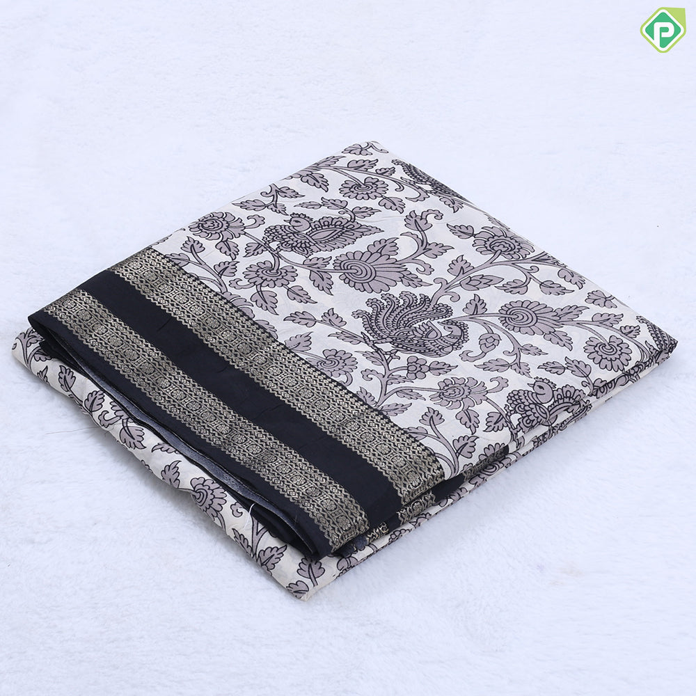 beige with black kalamkari design contrast black gold zari rettapet border fancy cotton saree