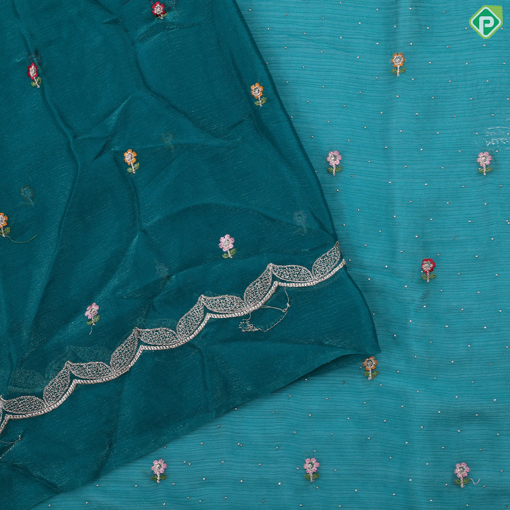 Peacock green embroidered flower and stone work design muti color cutwork border Hollywood fancy saree