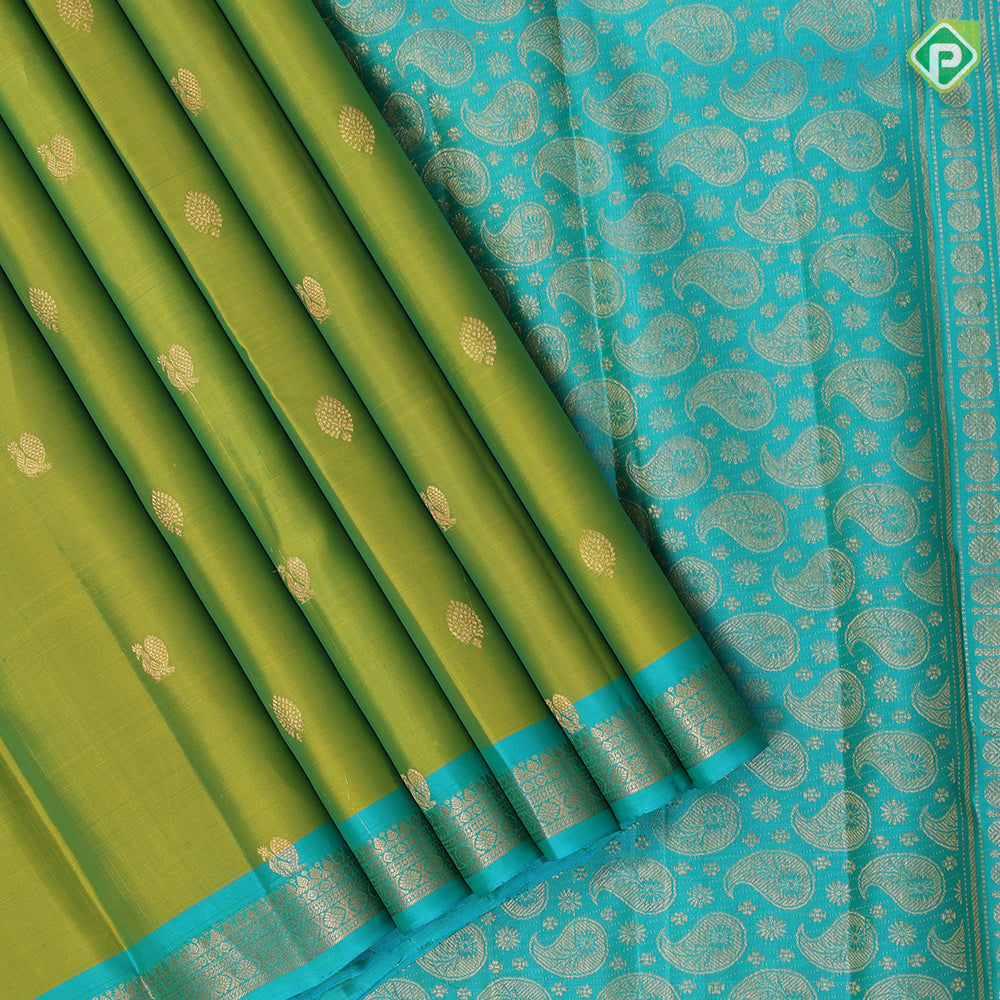Parrot Green Gold Zari Peacock Chagaram Butta Design Rexsona Green Ruthracham Border Design Pure Mix Silk Saree