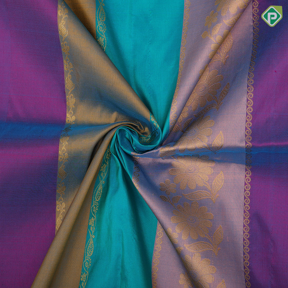Multi color stripes and gold zari floral design contrast color gold zari creeper border pattu paavadai thavani 3 in 1 set