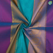 Multi color stripes and gold zari floral design contrast color gold zari creeper border pattu paavadai thavani 3 in 1 set