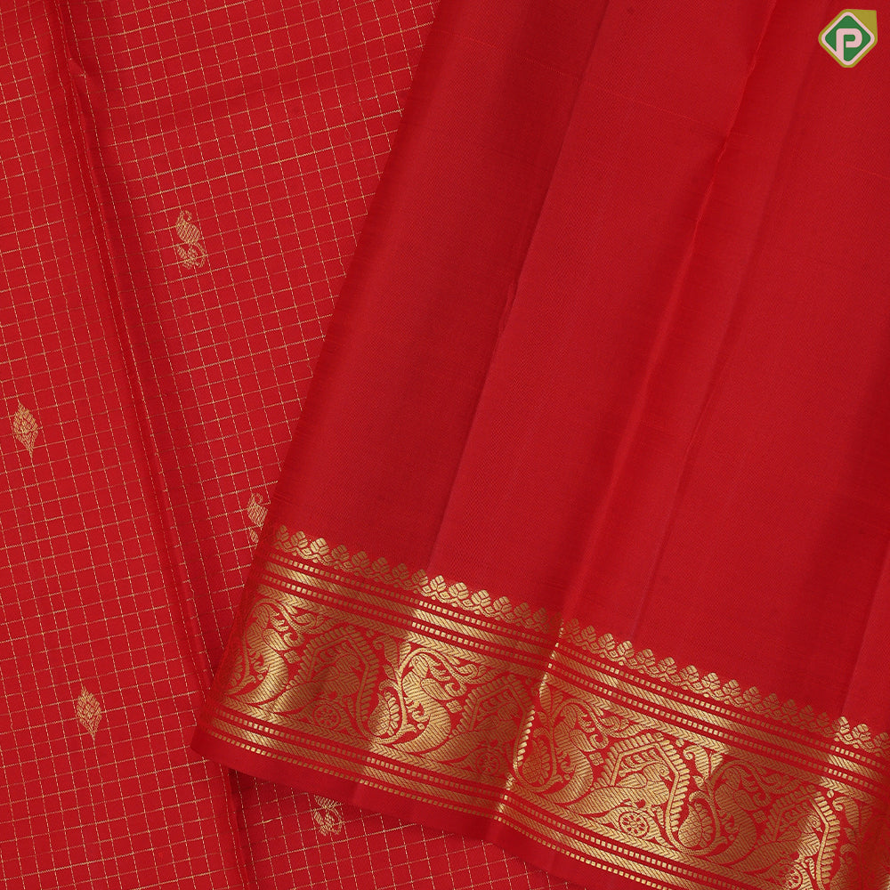 Rani red gold zari checked fancy butta self gold zari peacock butta border traditional silk saree
