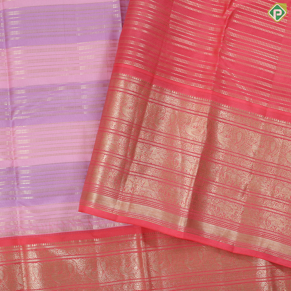 pink lavender base silver gold zari vairaoosi design peach red gold zari multi lines butta border traditional silk saree