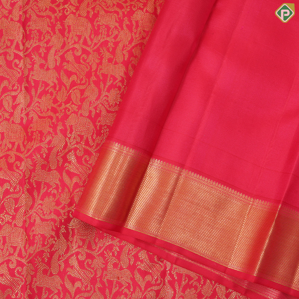 tomato red with gold zari vanasingaram design self gold zari border grand bridal silk saree