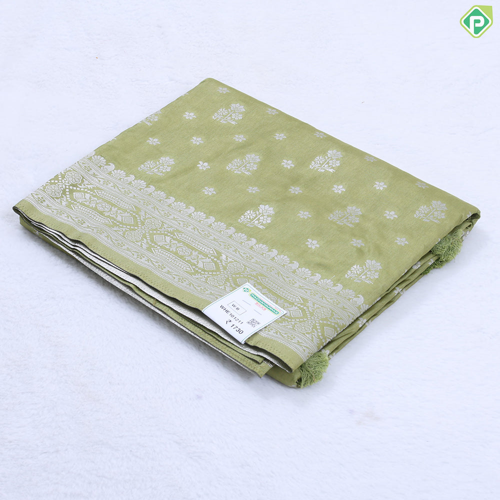 Indigo blue silver zari flower butta design banaras self rangoli border chiffon fancy saree