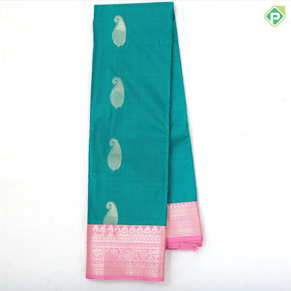 Emarald green gold zari mango butta design pink gold zari floral border uniform art silk set saree