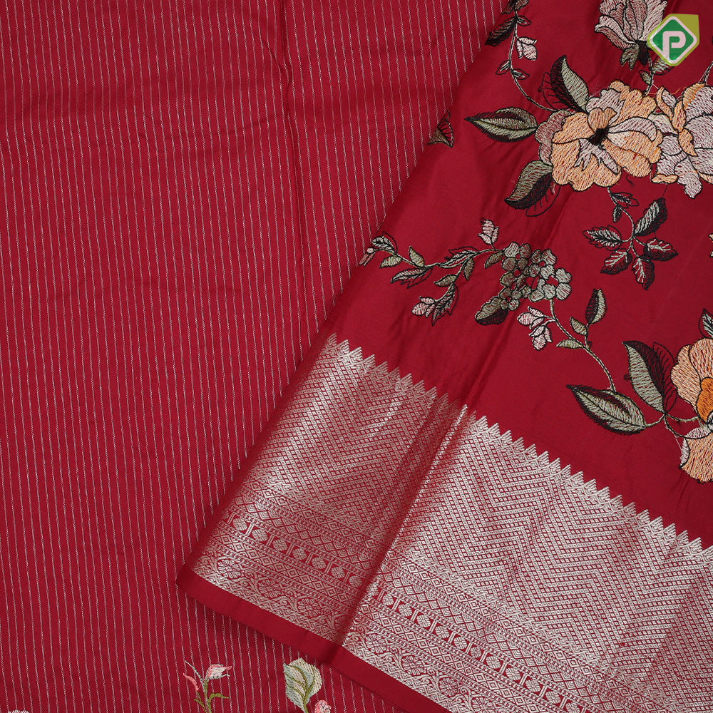 Maroon red silver gold zari stipes and four side floral embroidered self silver gold zari zig zag line border embroidery silk saree