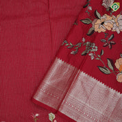 Maroon red silver gold zari stipes and four side floral embroidered self silver gold zari zig zag line border embroidery silk saree