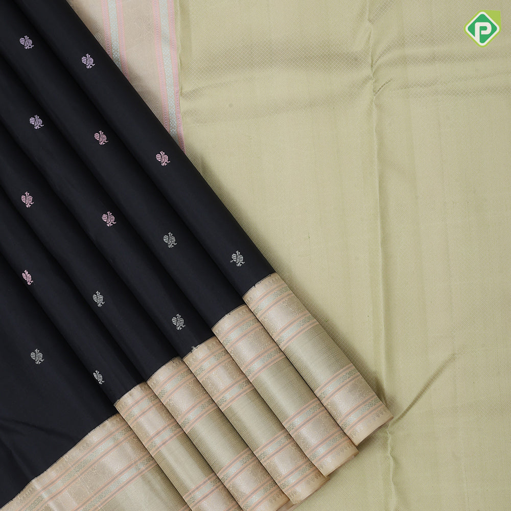 Black Colour Thread Peacock Butta Design Cream White Peacock Mayilkan Kamalam Border Design Luxury Black Silk Saree