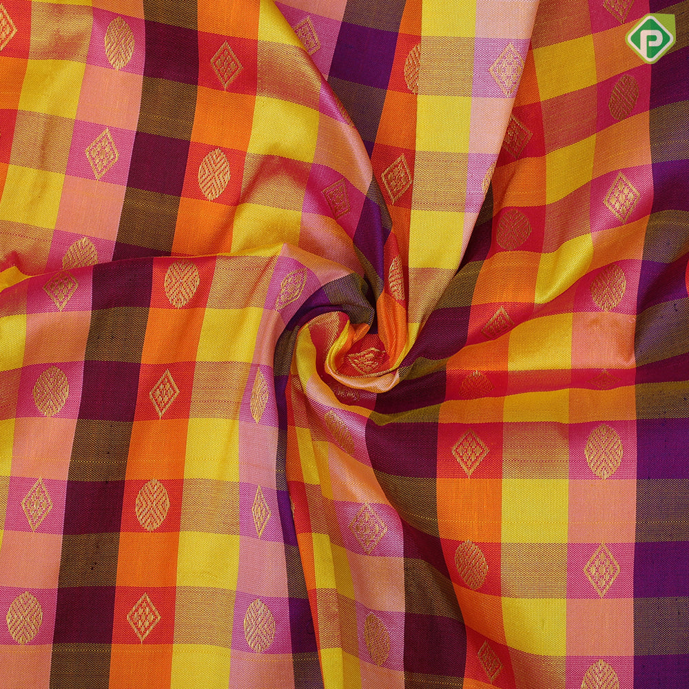 Multi color checks and gold zari round diamond butta self gold zari border pattu paavadai lehanka