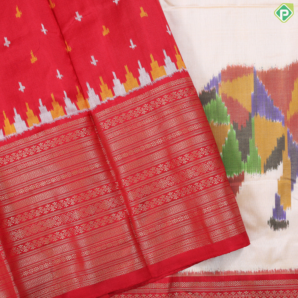Cream white multicolor elephant ikkat design rani red gold zari multi lines border ikkat silk saree