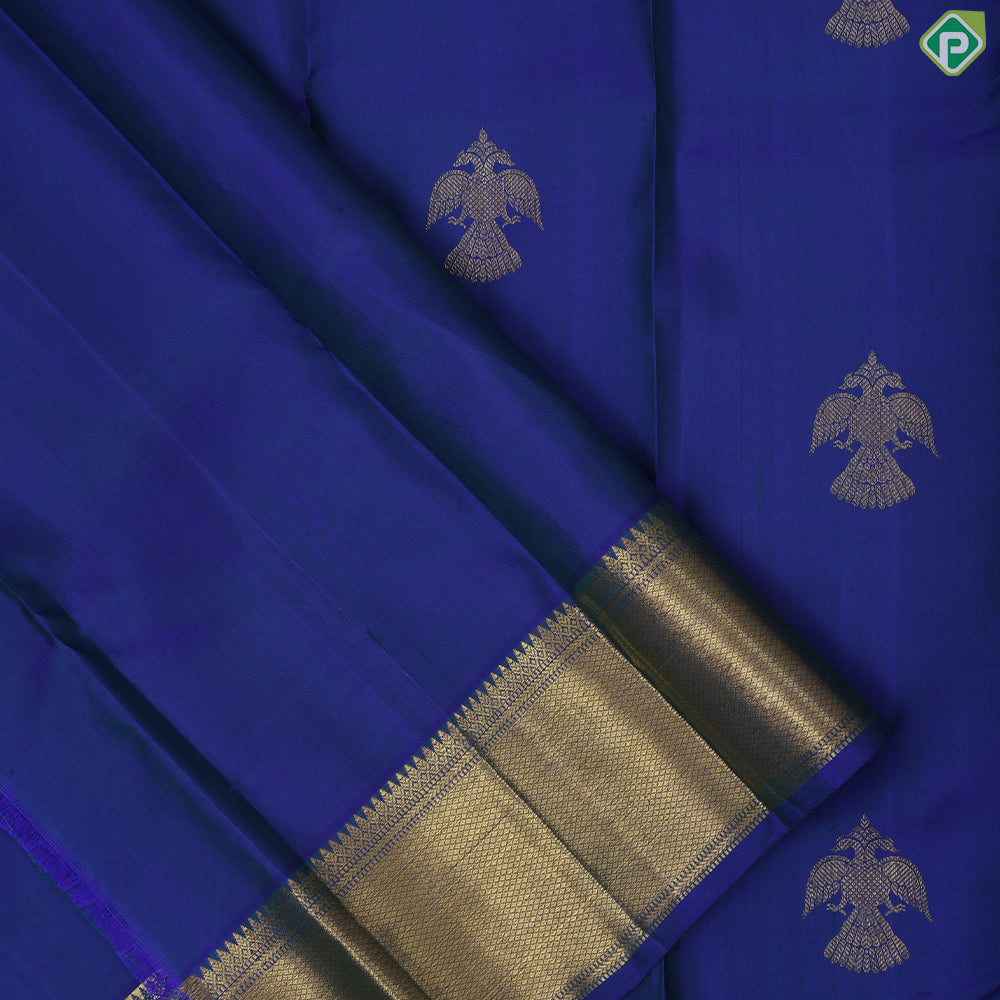 peacock blue gold zari gandapiranda butta self gold zari diamond design border traditional silk saree