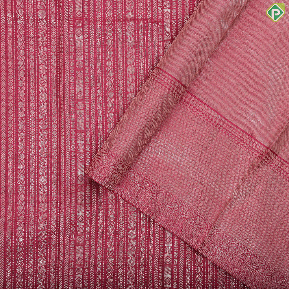 Magenta Pink silver gold Zari self designed Stripes self rettapet bavanji border trendy silk saree