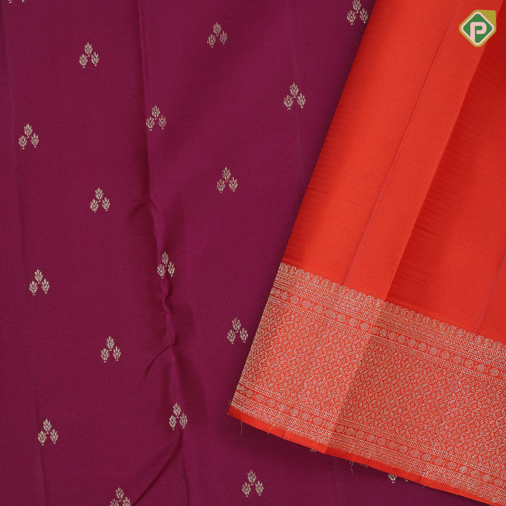 Dark purple silver gold zari tri star butta design contrast orange silver gold zari fancy design border trendy designer silk saree