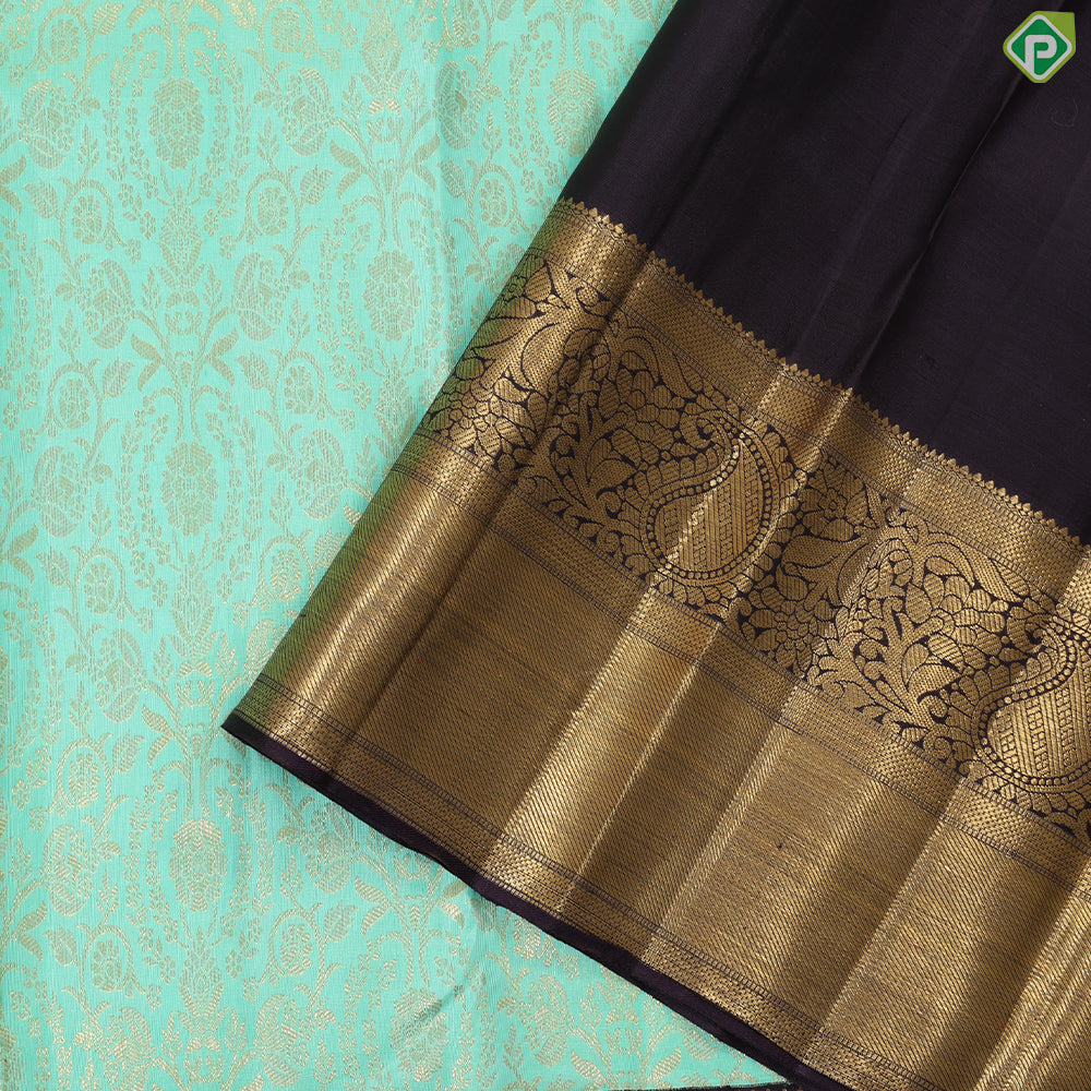 Pista green gold zari grand floral design contrast purple blue gold zari mango rangoli butta border bridal silk saree