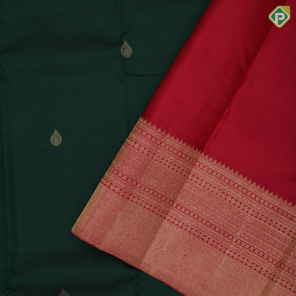 Bottle Green Gold Zari Small Motif Chilly Red Ruthracham Weave Border Design Traditional Silk Saree