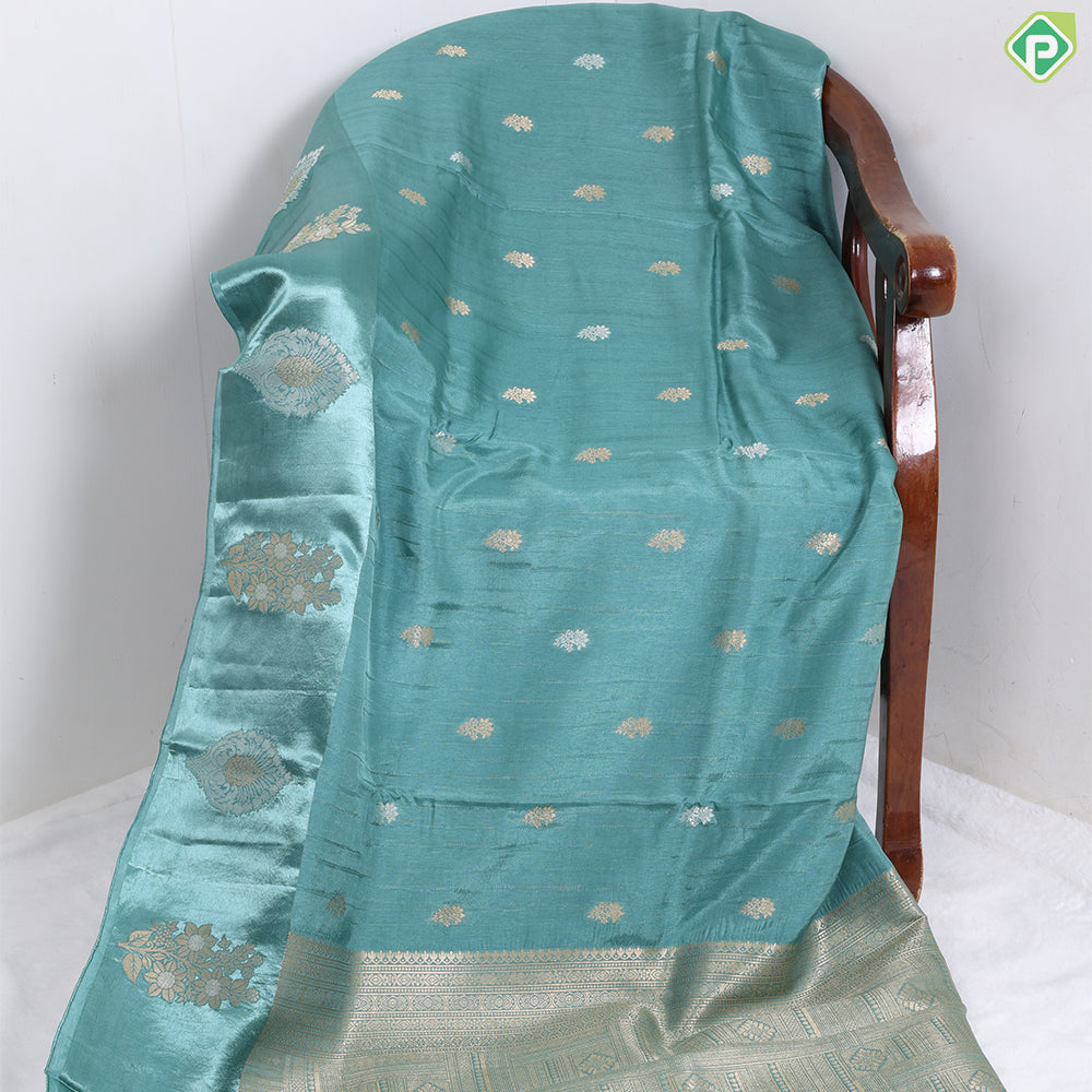 Sea Green With Gold Zari Flower Butta Design Satin Fancy Saree