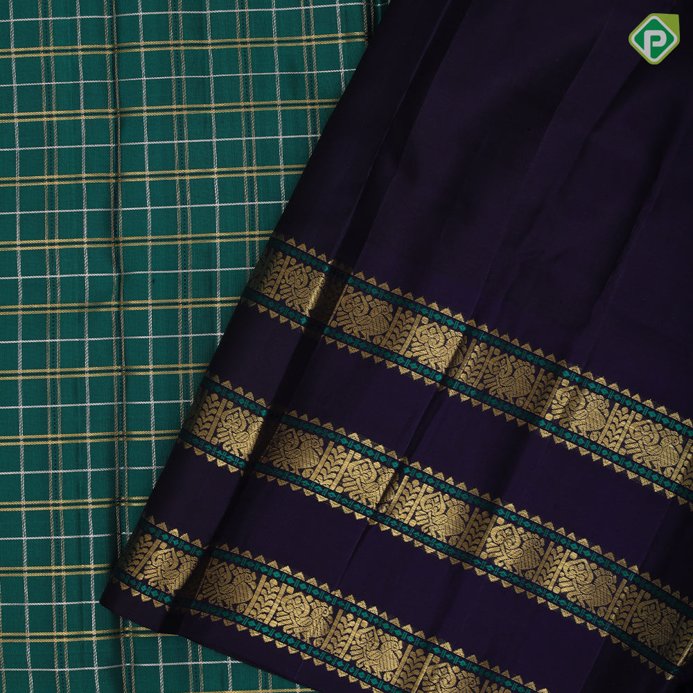 Emarald green silver and gold zari thick zari kattam Indigo blue gold zari with thread work three lines border vintage silk saree