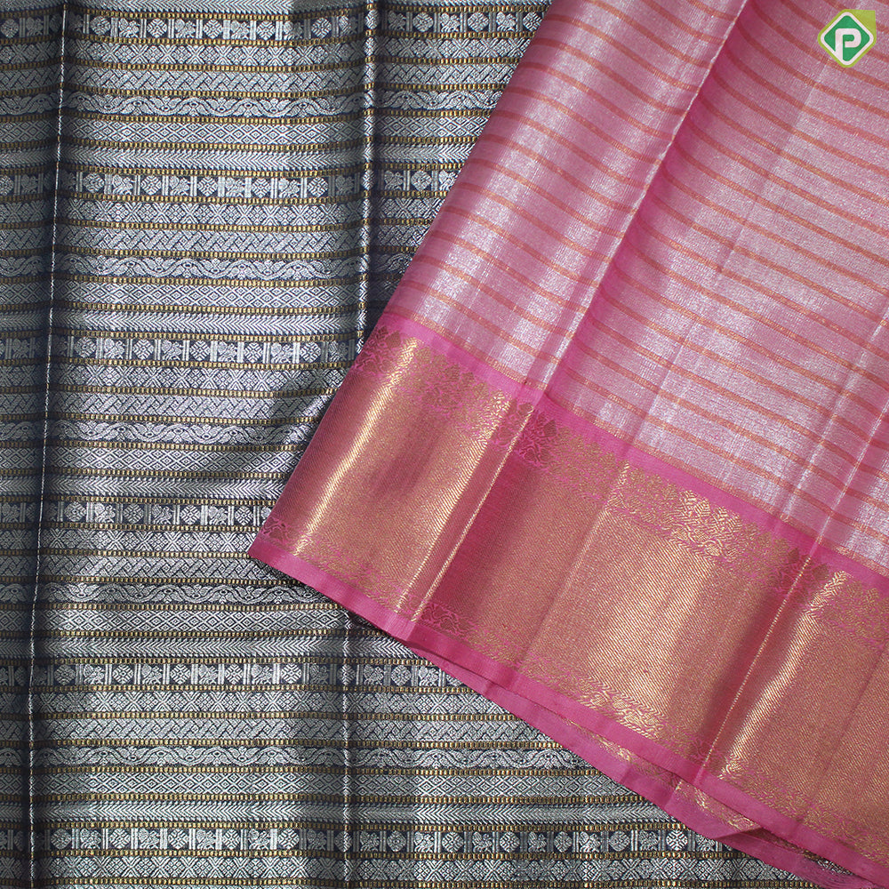 Dark Navy Blue Silver And Gold Zari Veldhaari Design  With Pink Color Border Traditional Silk Saree