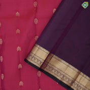 Chilly Red Gold Zari Flower Butta Design Purple Ruthracham Flower Border Design Pure Mix Silk Saree