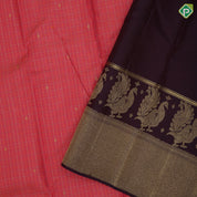 peach pink gold zari and silk thread checks self gold zari peacock butta lines diamond border traditional silk saree