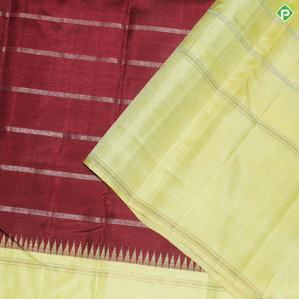 Dark Red Gold Zari With lemon Yellow and Rexona Green Double Color Temple Design Border Silk Saree