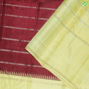 Dark Red Gold Zari With lemon Yellow and Rexona Green Double Color Temple Design Border Silk Saree