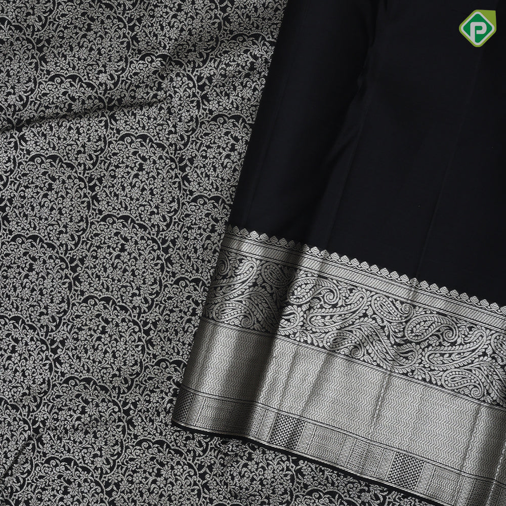 Black Colour Grand Silver Zari Floral Design Self Colour Mango Design Border Luxury Black Silk Saree