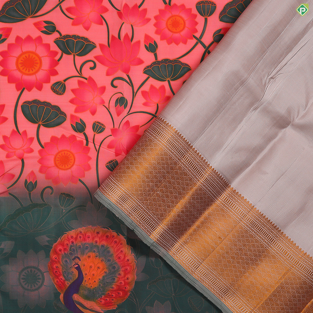 Rose Pink With Olive Green Lotus With Creeper Kalamkaari Style Mayilkan Border Digital Printed Silk Saree
