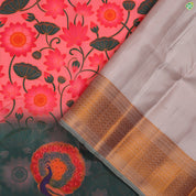 Rose Pink With Olive Green Lotus With Creeper Kalamkaari Style Mayilkan Border Digital Printed Silk Saree